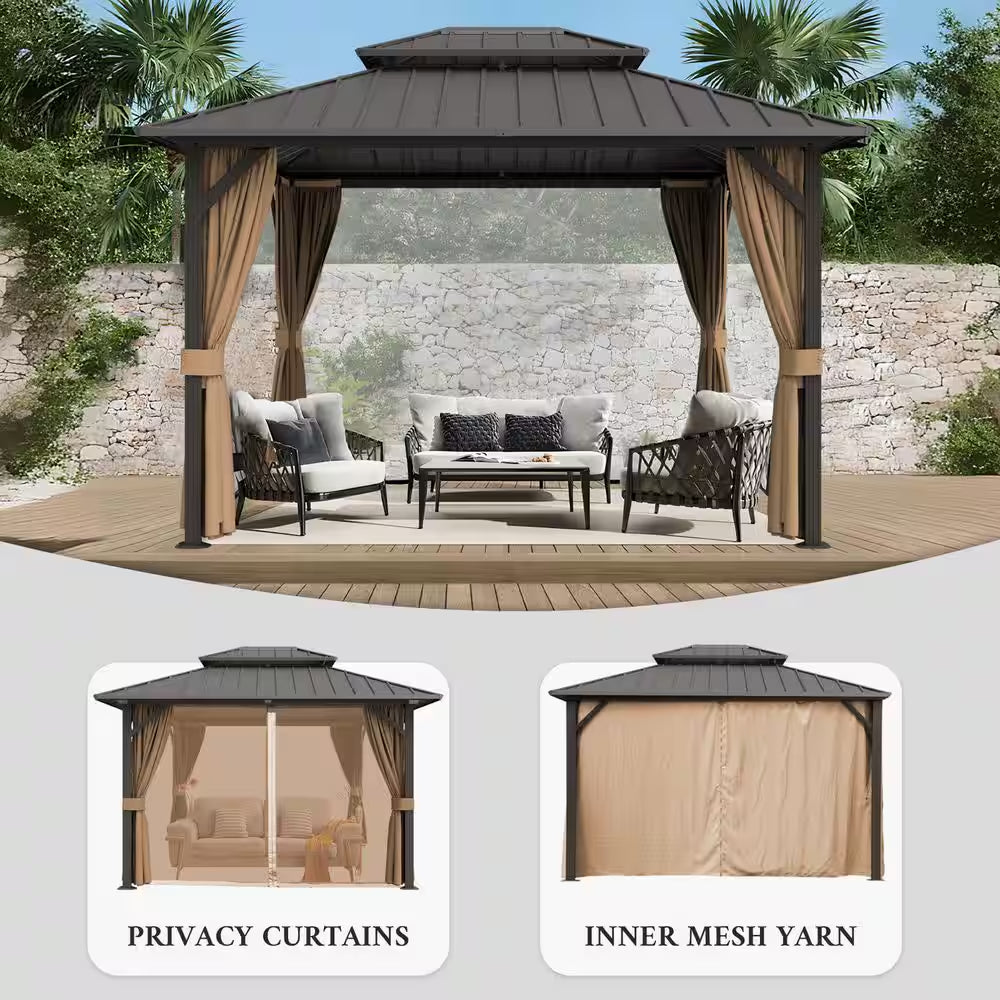 12 Ft. X 20 Ft. Double Galvanized Steel Roof Aluminum Frame Outdoor Patio Hardtop Gazebo with Netting and Curtains