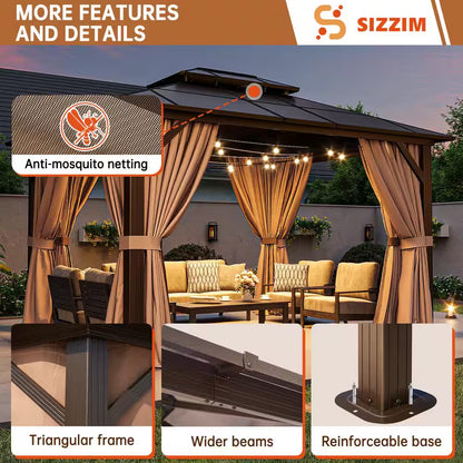 12 Ft. X 10 Ft. Hardtop Outdoor Double Roof Gazebo with Netting and Curtains
