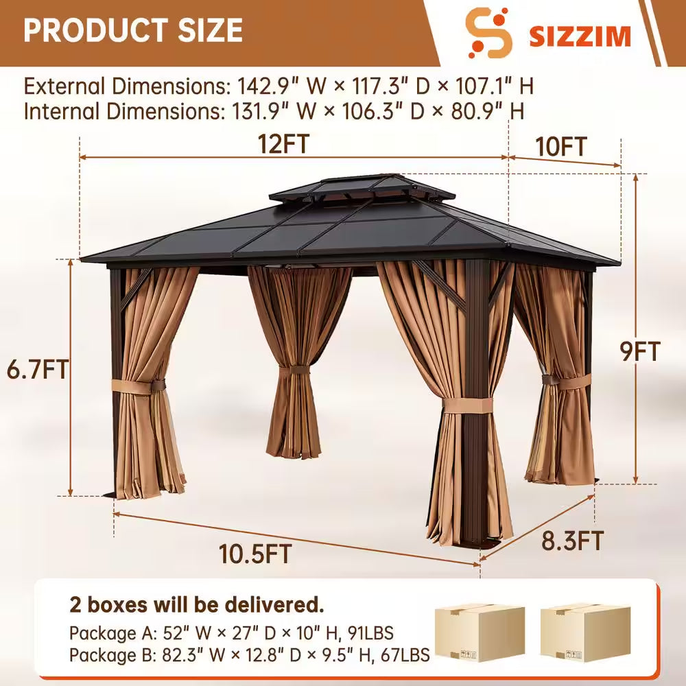12 Ft. X 10 Ft. Hardtop Outdoor Double Roof Gazebo with Netting and Curtains