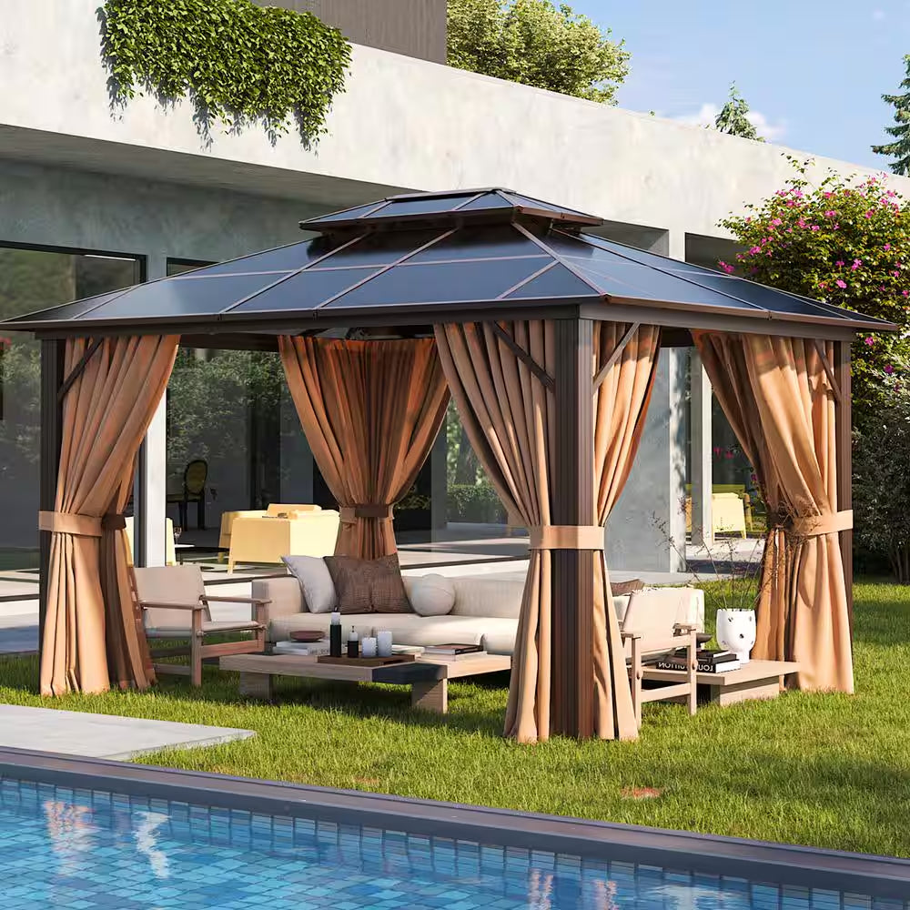 12 Ft. X 10 Ft. Hardtop Outdoor Double Roof Gazebo with Netting and Curtains