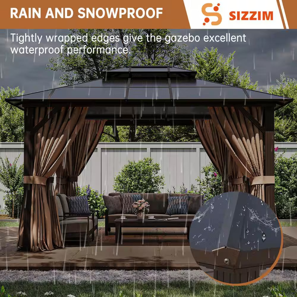 12 Ft. X 10 Ft. Hardtop Outdoor Double Roof Gazebo with Netting and Curtains