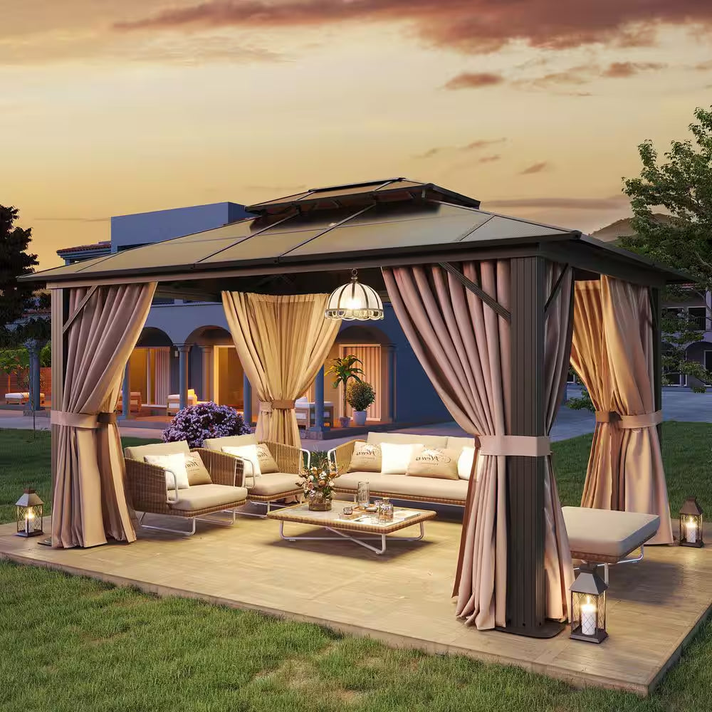 12 Ft. X 10 Ft. Hardtop Outdoor Double Roof Gazebo with Netting and Curtains