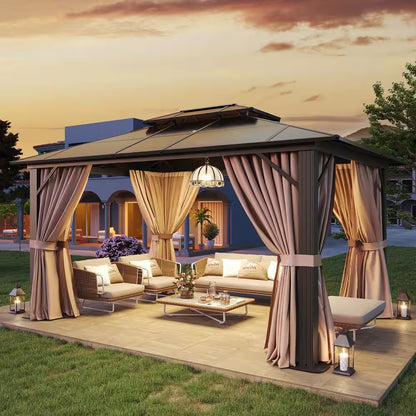 12 Ft. X 10 Ft. Hardtop Outdoor Double Roof Gazebo with Netting and Curtains