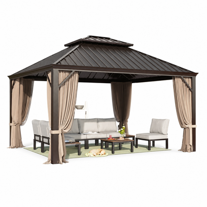 12' X 14' Hardtop Gazebo Aluminum Frame Galvanized Steel Double Roof Patio Gazebo with Netting & Curtains Brown