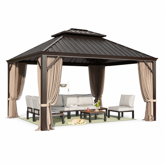 12' X 14' Hardtop Gazebo Aluminum Frame Galvanized Steel Double Roof Patio Gazebo with Netting & Curtains Brown
