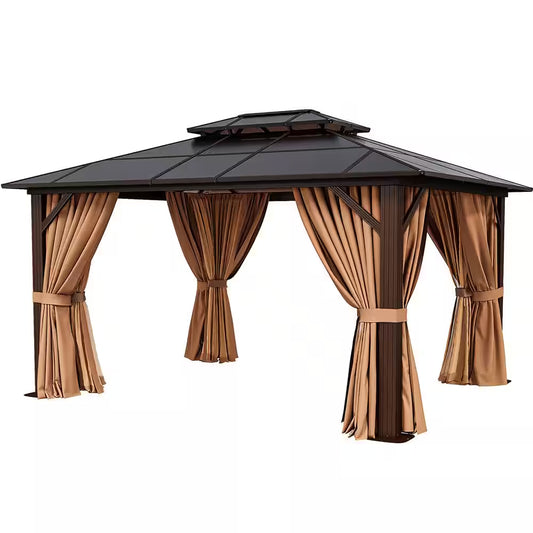 12 Ft. X 10 Ft. Hardtop Outdoor Double Roof Gazebo with Netting and Curtains