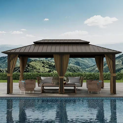12 Ft. X 20 Ft. Double Galvanized Steel Roof Aluminum Frame Outdoor Patio Hardtop Gazebo with Netting and Curtains