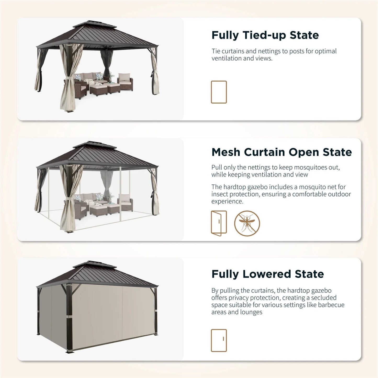 12' X 14' Hardtop Gazebo Aluminum Frame Galvanized Steel Double Roof Patio Gazebo with Netting & Curtains Brown