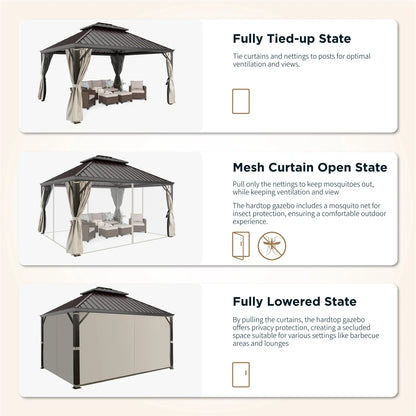 12' X 14' Hardtop Gazebo Aluminum Frame Galvanized Steel Double Roof Patio Gazebo with Netting & Curtains Brown